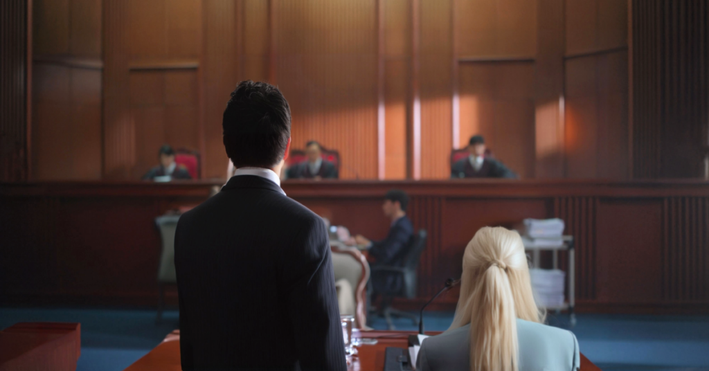 woman and her lawyer in courtroom