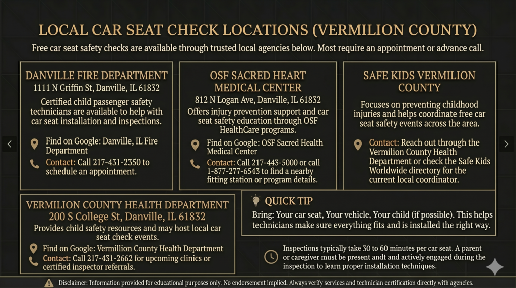 Danville, IL Car Seat Check Locations infographic. gemini ai generated image.