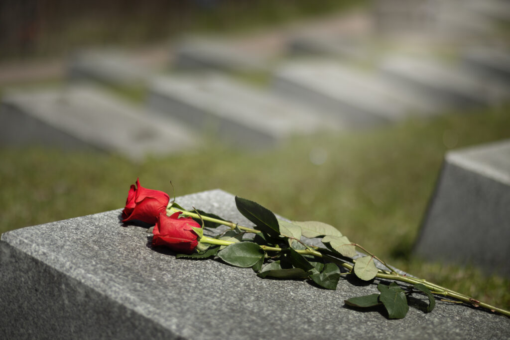 gravestone with red rose for mourning